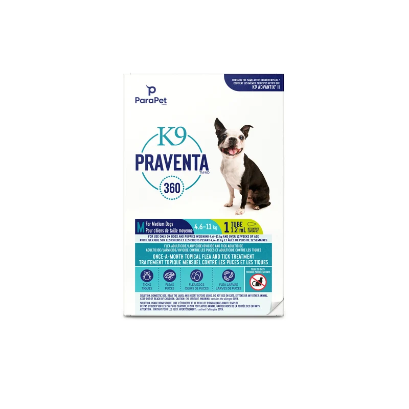 K9 Praventa 360 traitement contre les puces et les tiques pour chiens de taille moyenne, 4,6 kg à 11 kg, 1 tube