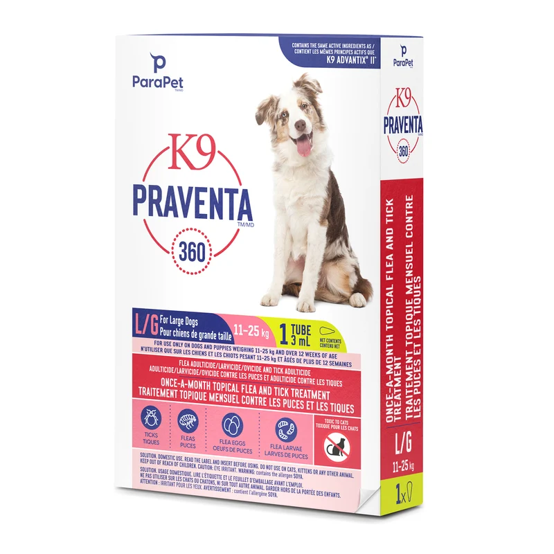 K9 Praventa 360 traitement contre les puces et les tiques pour chiens de grande taille, 11 kg à 25 kg, 1 tube