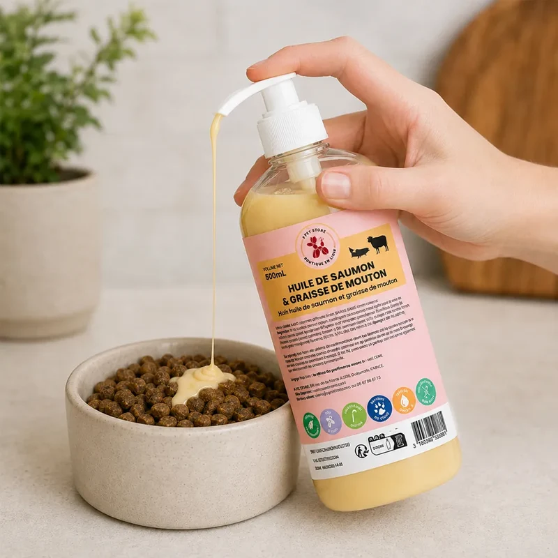 Huile de saumon et graisse de mouton pour chien et chat – DUO 500mL