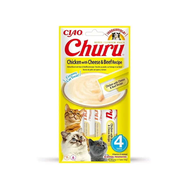 Churu Poulet, Boeuf & Fromage – Sticks crémeux pour chat – 4 tubes de 14g