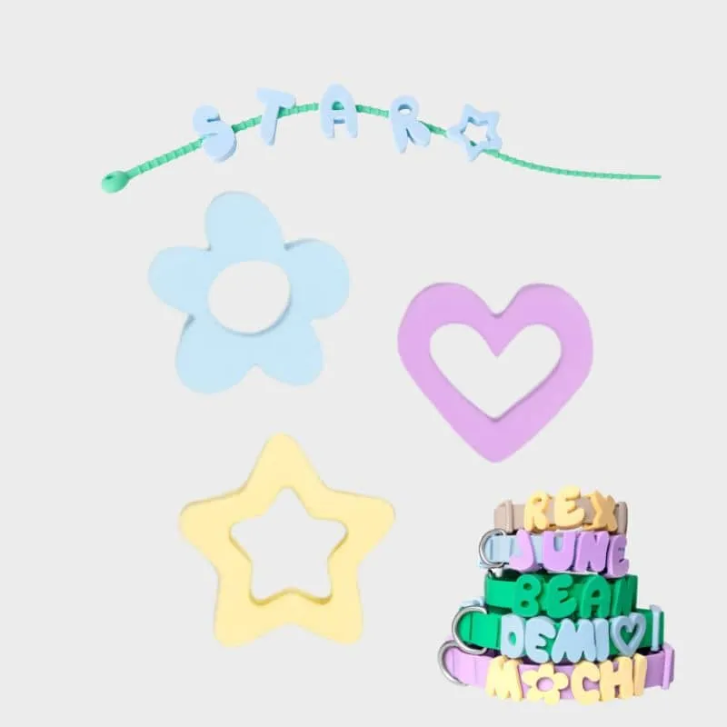 CHARMS SILICONE POUR PERSONNALISER ACCESSOIRE CHIEN - SYMBOLES & STRAPS (LILAS, JAUNE, VERT & BLEU)