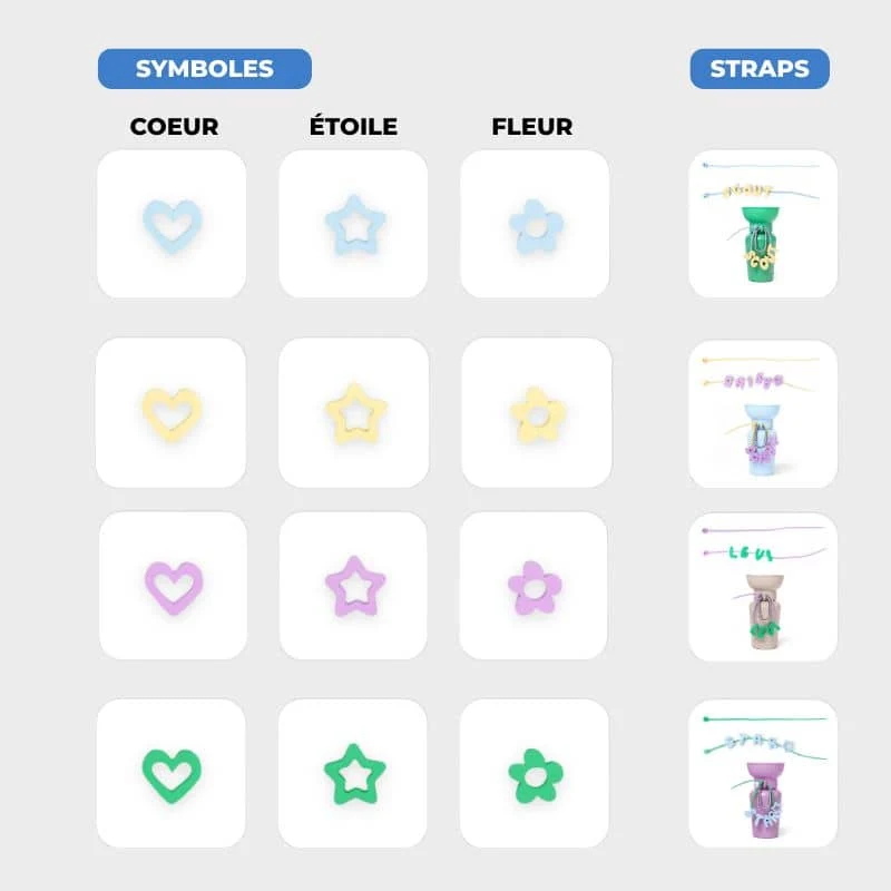 CHARMS SILICONE POUR PERSONNALISER ACCESSOIRE CHIEN - SYMBOLES & STRAPS (LILAS, JAUNE, VERT & BLEU)