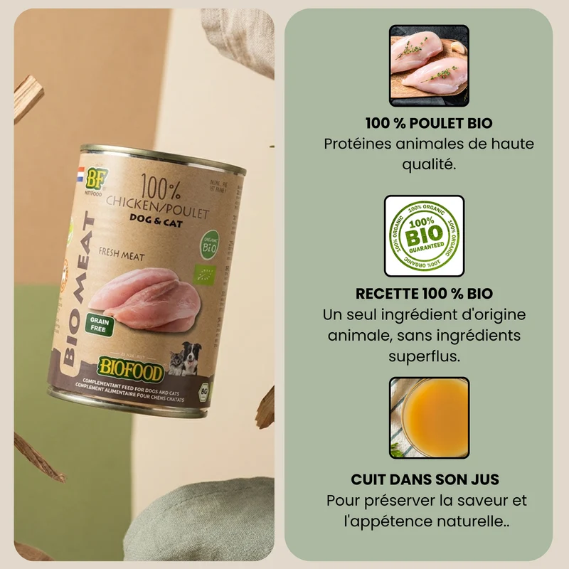 100% viande de poulet BIO pour chien et chat