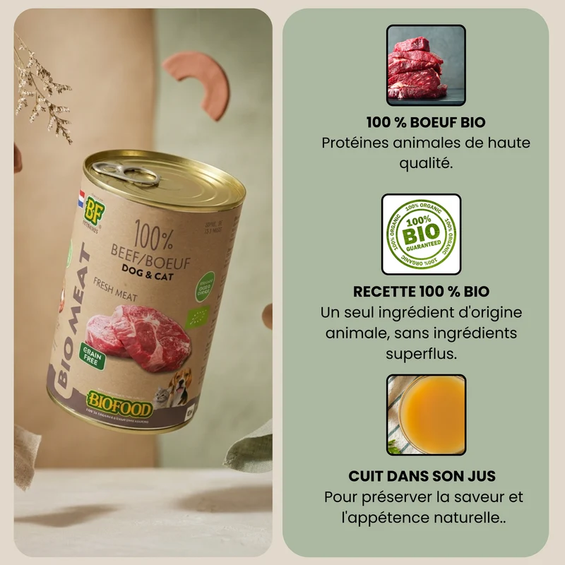 100% viande de bœuf BIO pour chien et chat