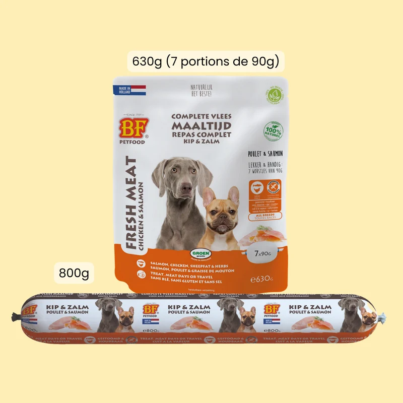 Saucisses au poulet et saumon pour chien