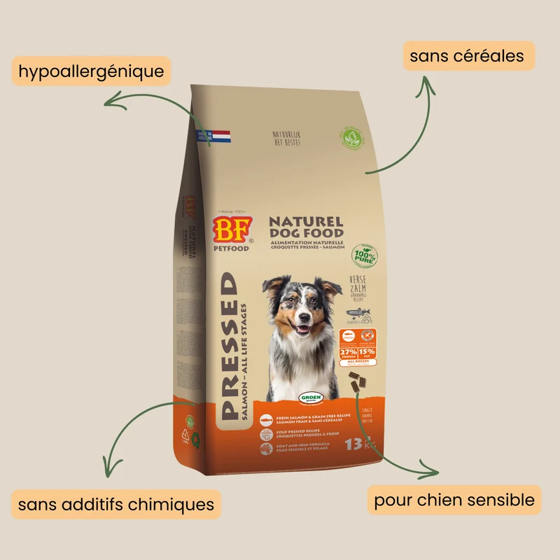 Croquettes pressées au saumon sans céréales pour chien