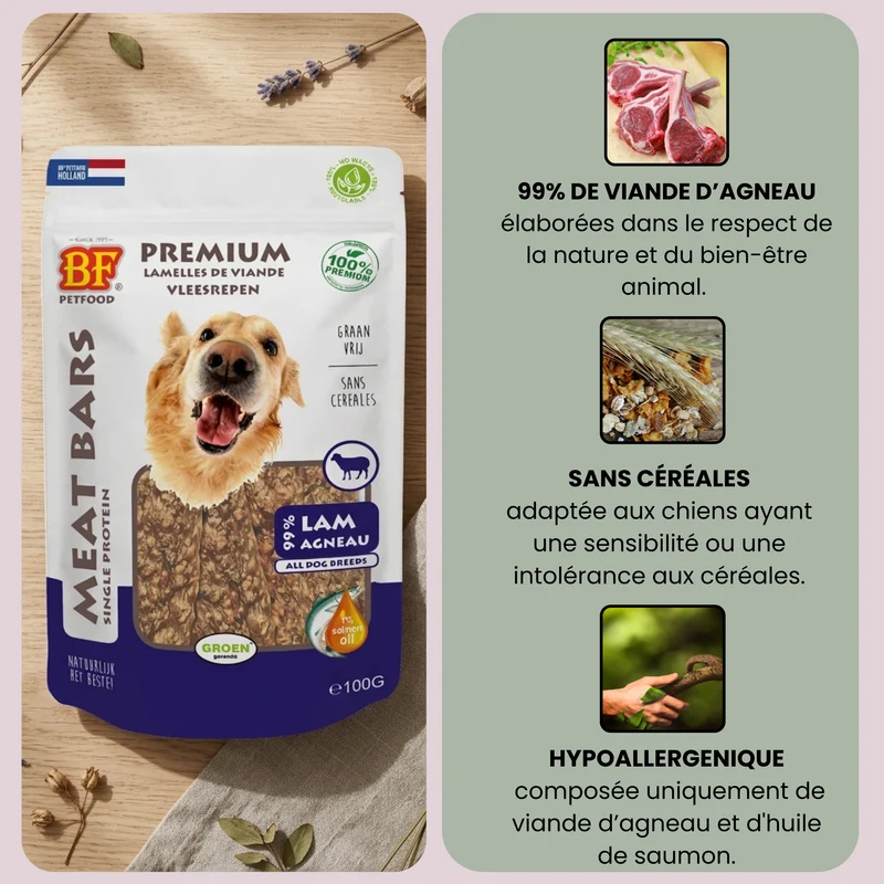 Lamelles de viande séchée à l’agneau pour chien