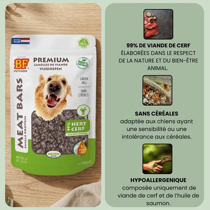 Lamelles de viande séchée au cerf pour chiens