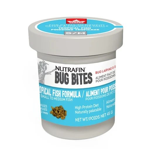 Microgranulés Bug Bites Nutrafin pour poissons tropicaux de petite à moyenne taille, 0,7-1 mm, 45 g