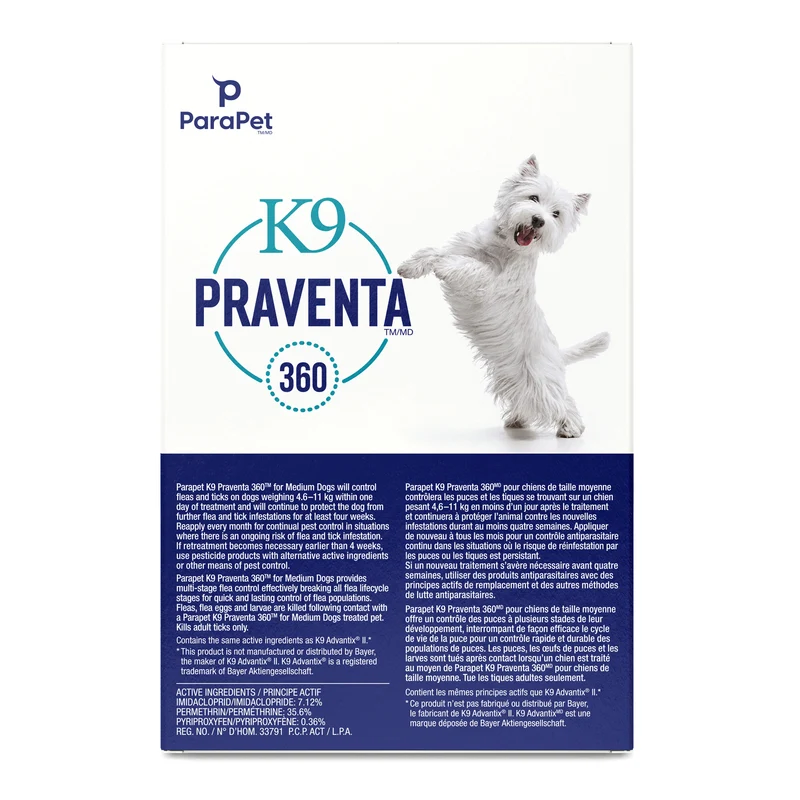 K9 Praventa 360 traitement contre les puces et les tiques pour chiens de taille moyenne, 4,6 kg à 11 kg, 6 tubes