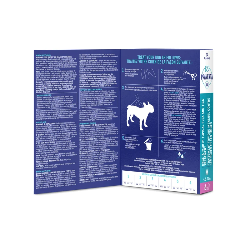 K9 Praventa 360 traitement contre les puces et les tiques pour chiens de taille moyenne, 4,6 kg à 11 kg, 6 tubes