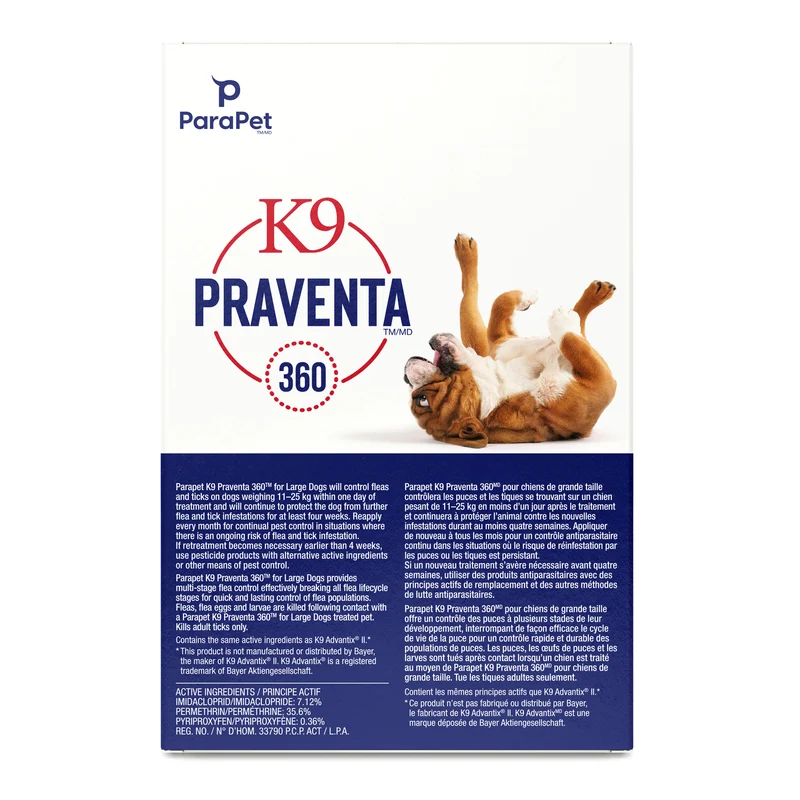 K9 Praventa 360 traitement contre les puces et les tiques pour chiens de grande taille, 11 kg à 25 kg, 3 tubes