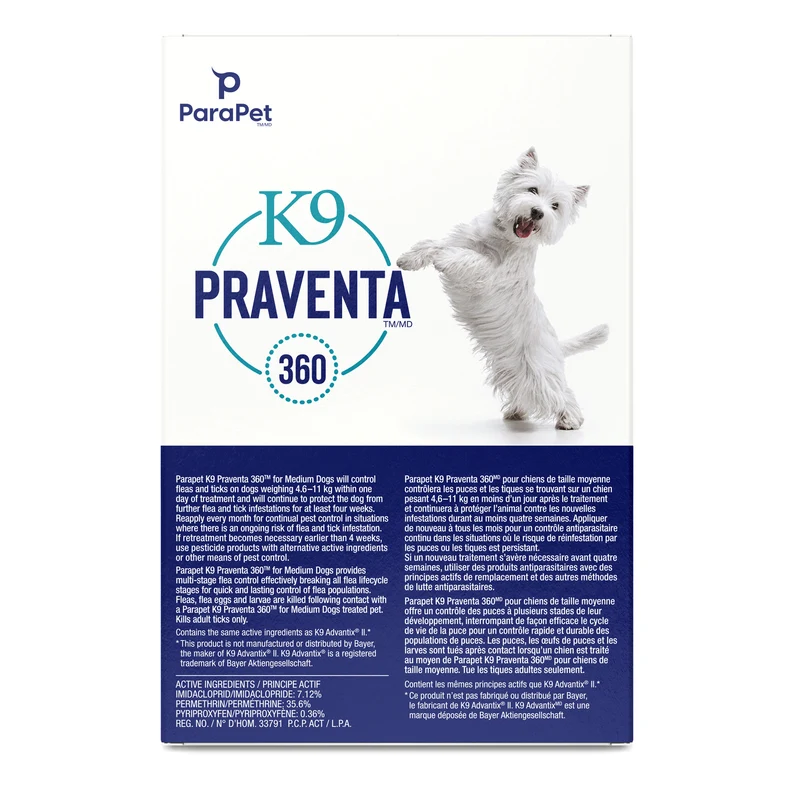 K9 Praventa 360 traitement contre les puces et les tiques pour chiens de taille moyenne, 4,6 kg à 11 kg, 3 tubes