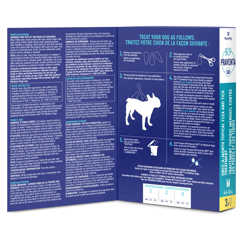 K9 Praventa 360 traitement contre les puces et les tiques pour chiens de taille moyenne, 4,6 kg à 11 kg, 3 tubes