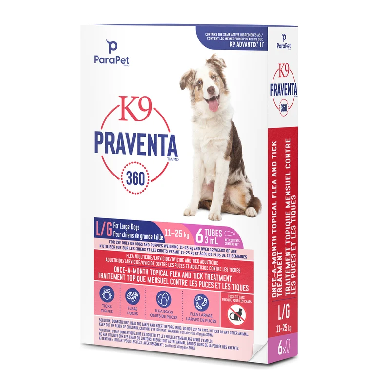 K9 Praventa 360 traitement contre les puces et les tiques pour chiens de grande taille, 11 kg à 25 kg, 6 tubes