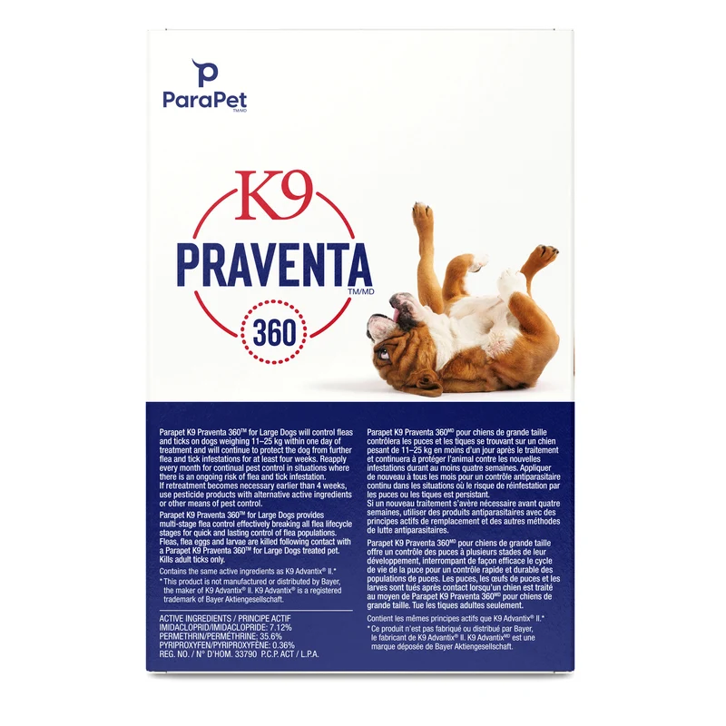 K9 Praventa 360 traitement contre les puces et les tiques pour chiens de grande taille, 11 kg à 25 kg, 6 tubes